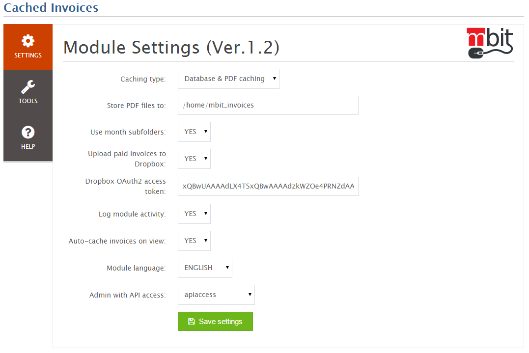Cached Invoices Addon Module Settings