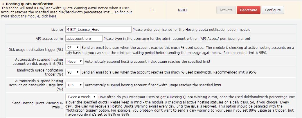 Hosting Quota Notification module settings